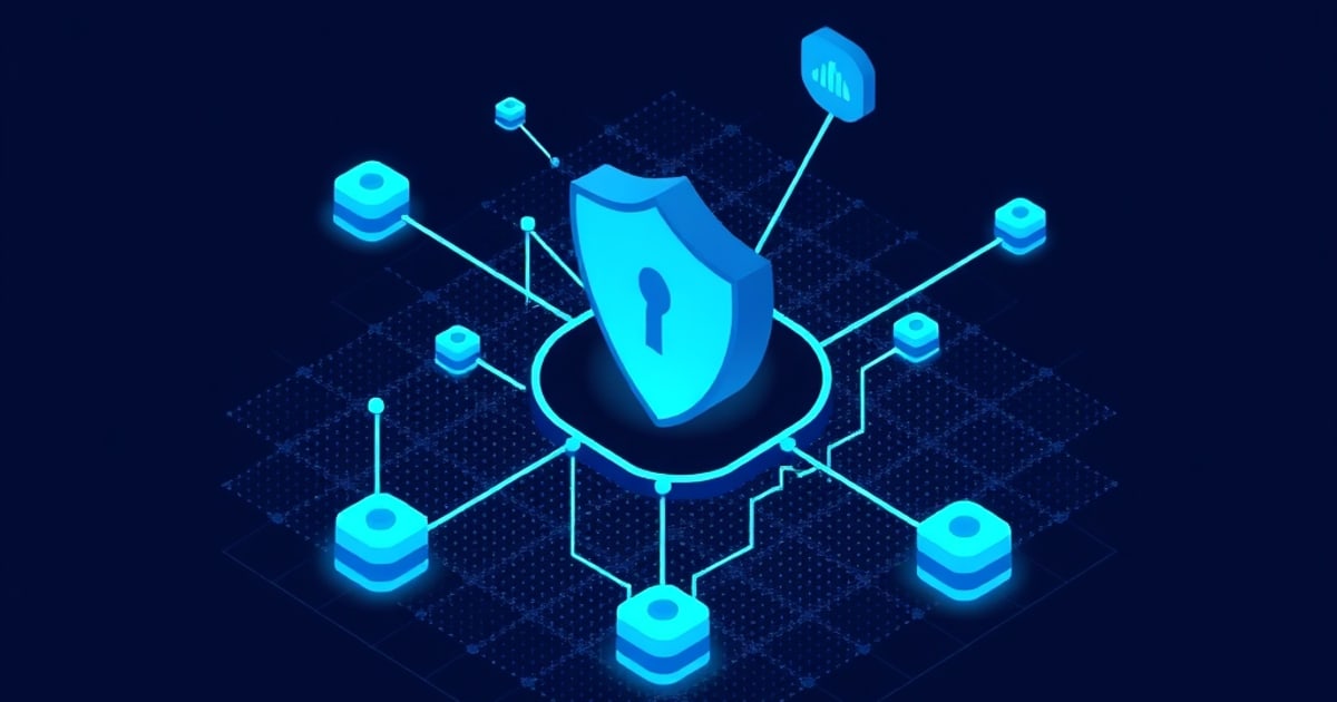 Isometric vector illustration showing machine learning components with security elements like locks and shields